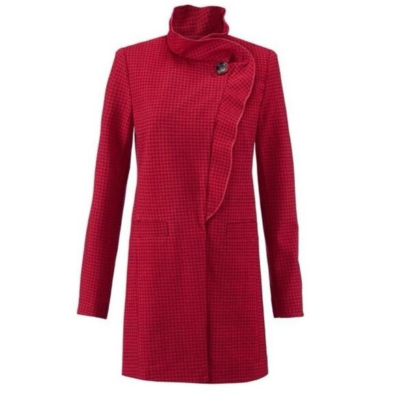 Cabi Red Celebration Houndstooth Jacket Coat Ruffled Mock Neck Size Large - Picture 1 of 14